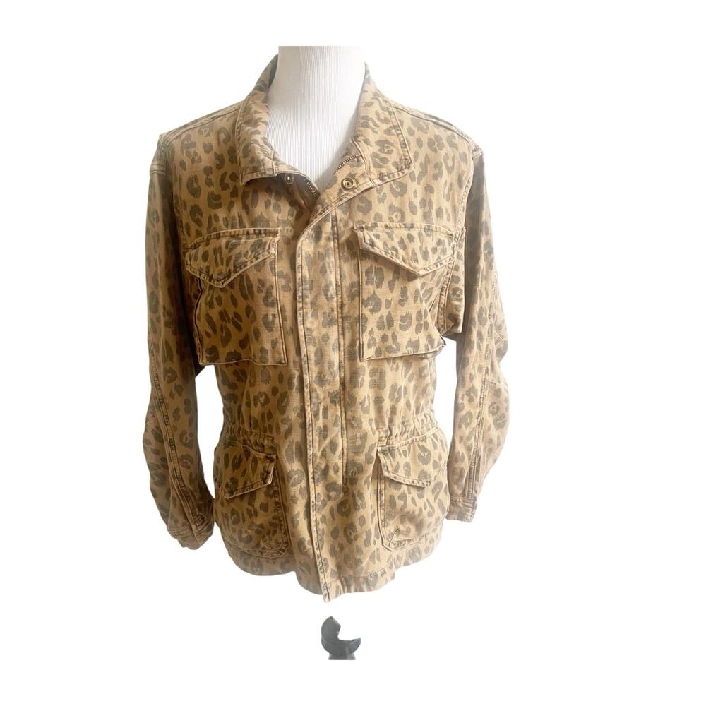 Frame Cheetah Cargo Print Jacket Denim Size Small Tan Black Snap Button Front
